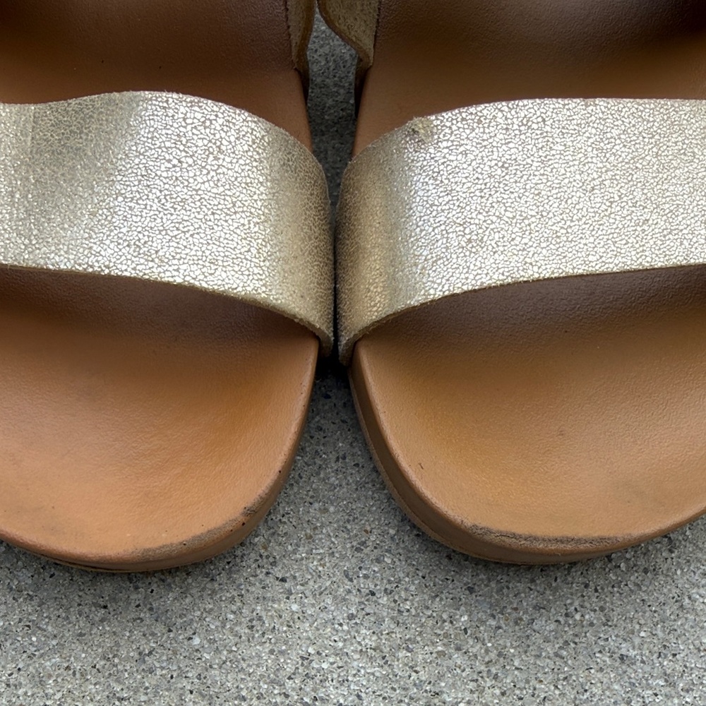 Reef Metallic Gold Double Strap Slide Sandals with Brown Footbed - Picture 3 of 5